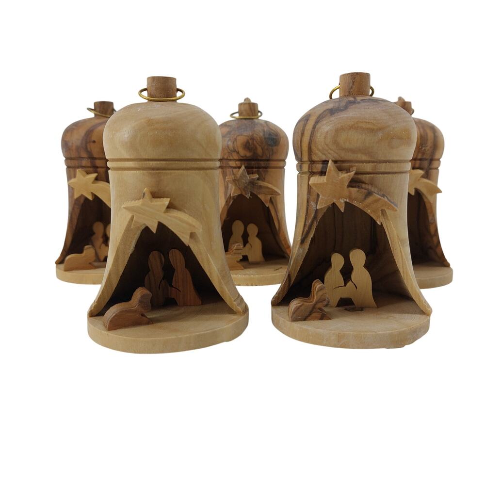 Olive Wood Bells Lot 5 Nativity Christmas Ornament Holy Land
